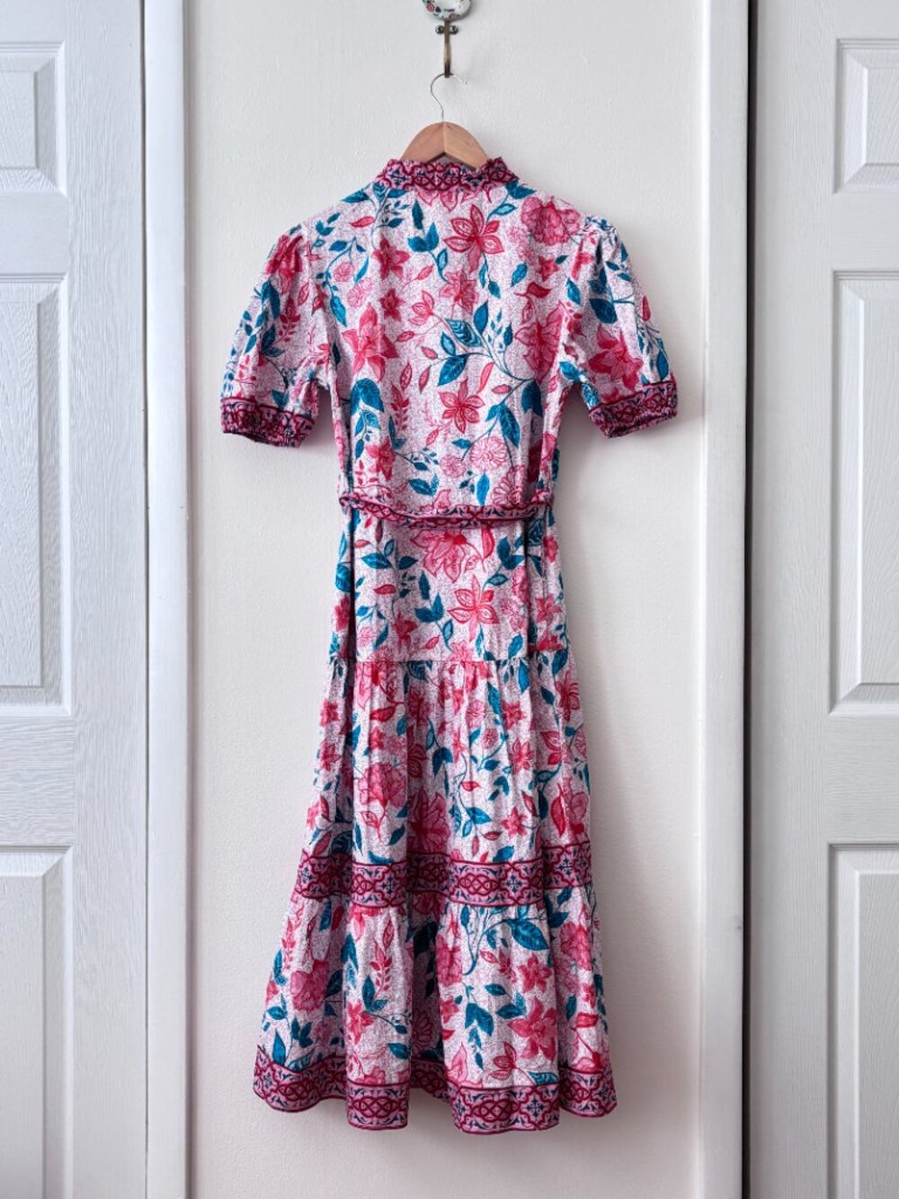 Celina Moon Pink Floral Belted Midi Dress Puff Sleeve Boho Resort Cottagecore - Picture 5 of 6